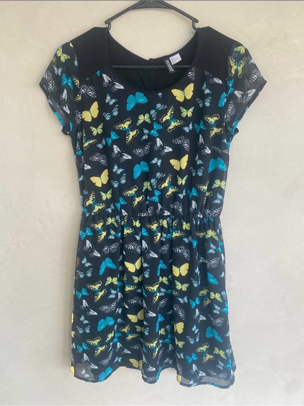 New H&M Black Dress with Teal and Yellow Butterfly Print Size 6